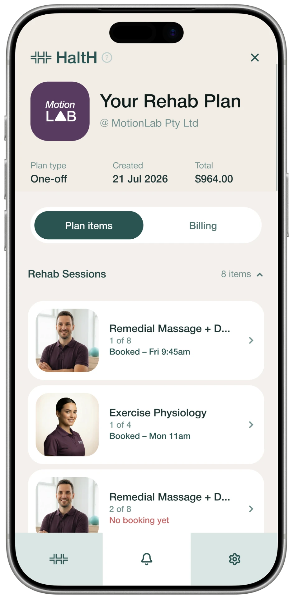 HaltH Member Plans showing a rehab care plan