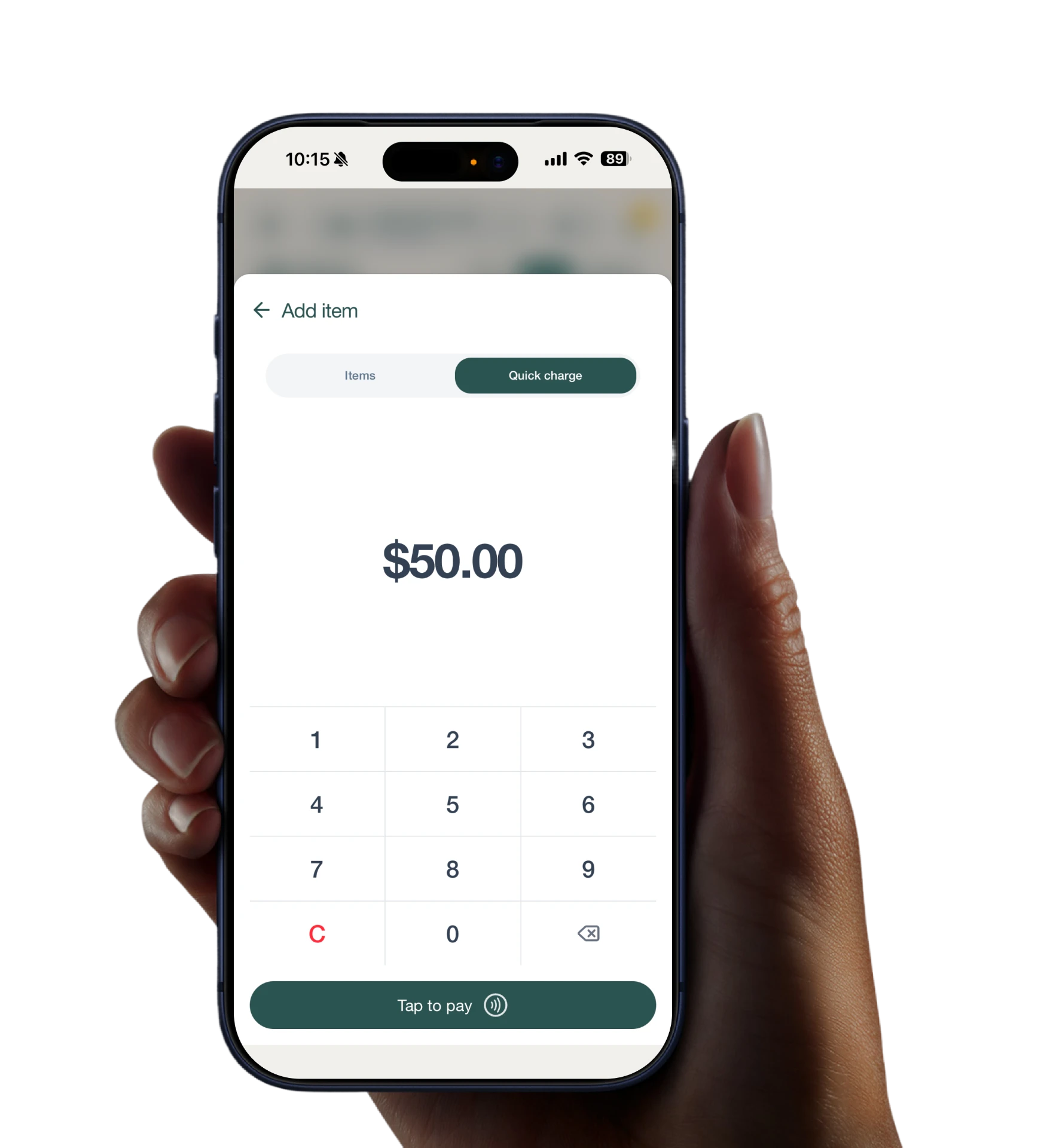 HaltH Tap to pay screen on a phone showing a $50.00 quick charge