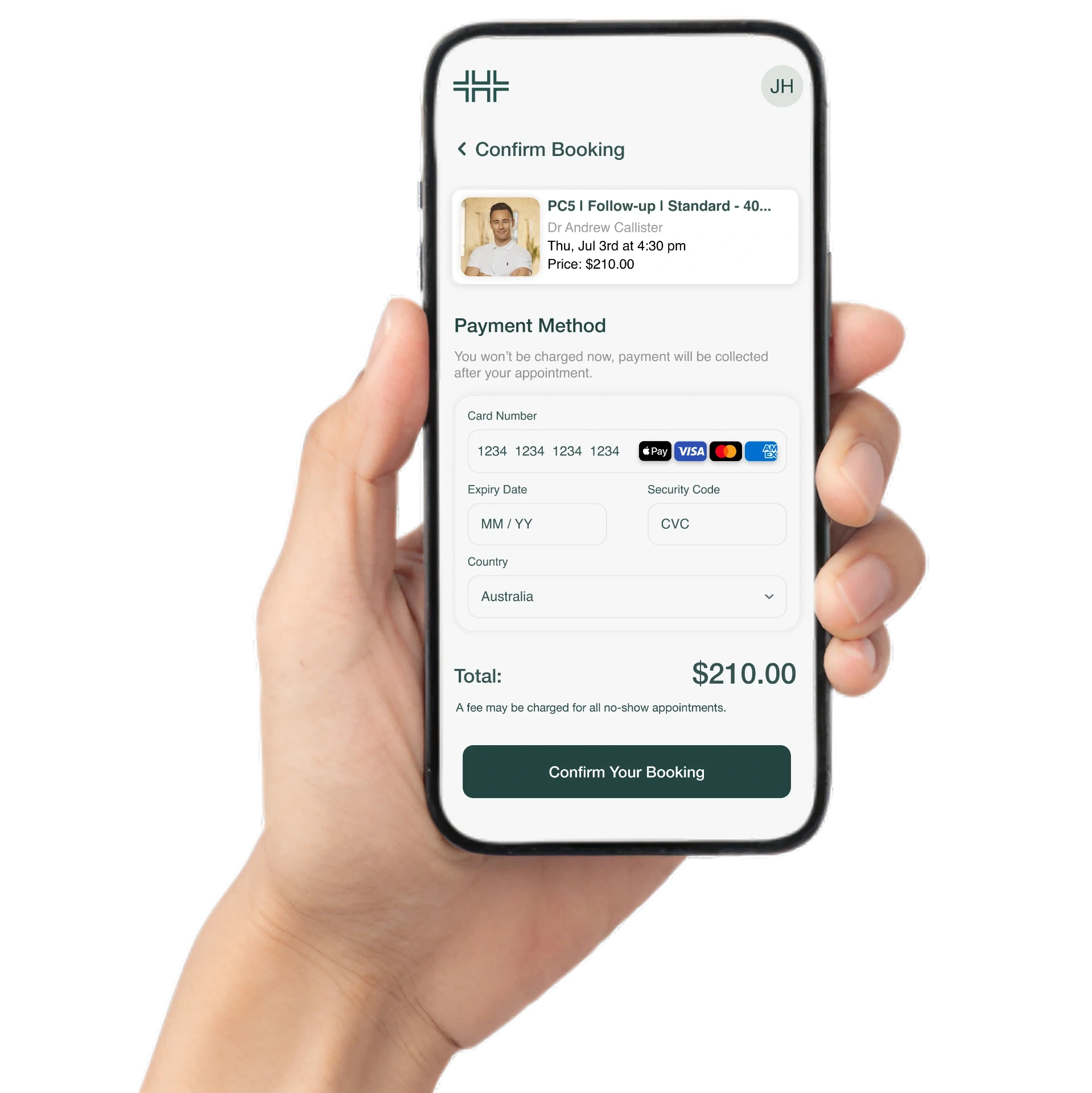 HaltH Secure mobile booking confirmation screen showing payment capture to prevent no-shows