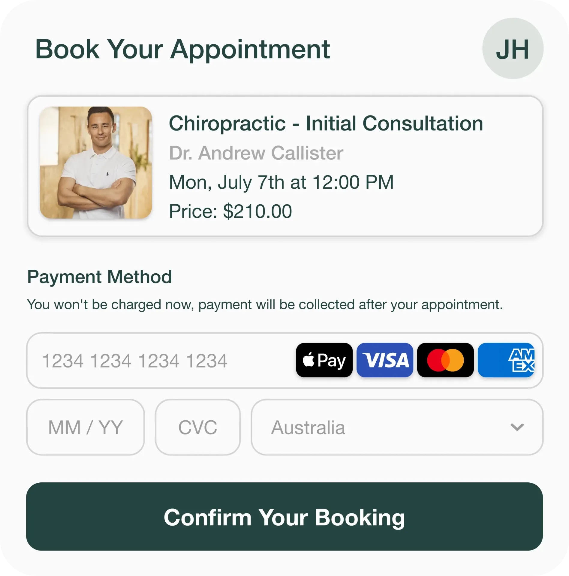 Payment method capture during booking process
