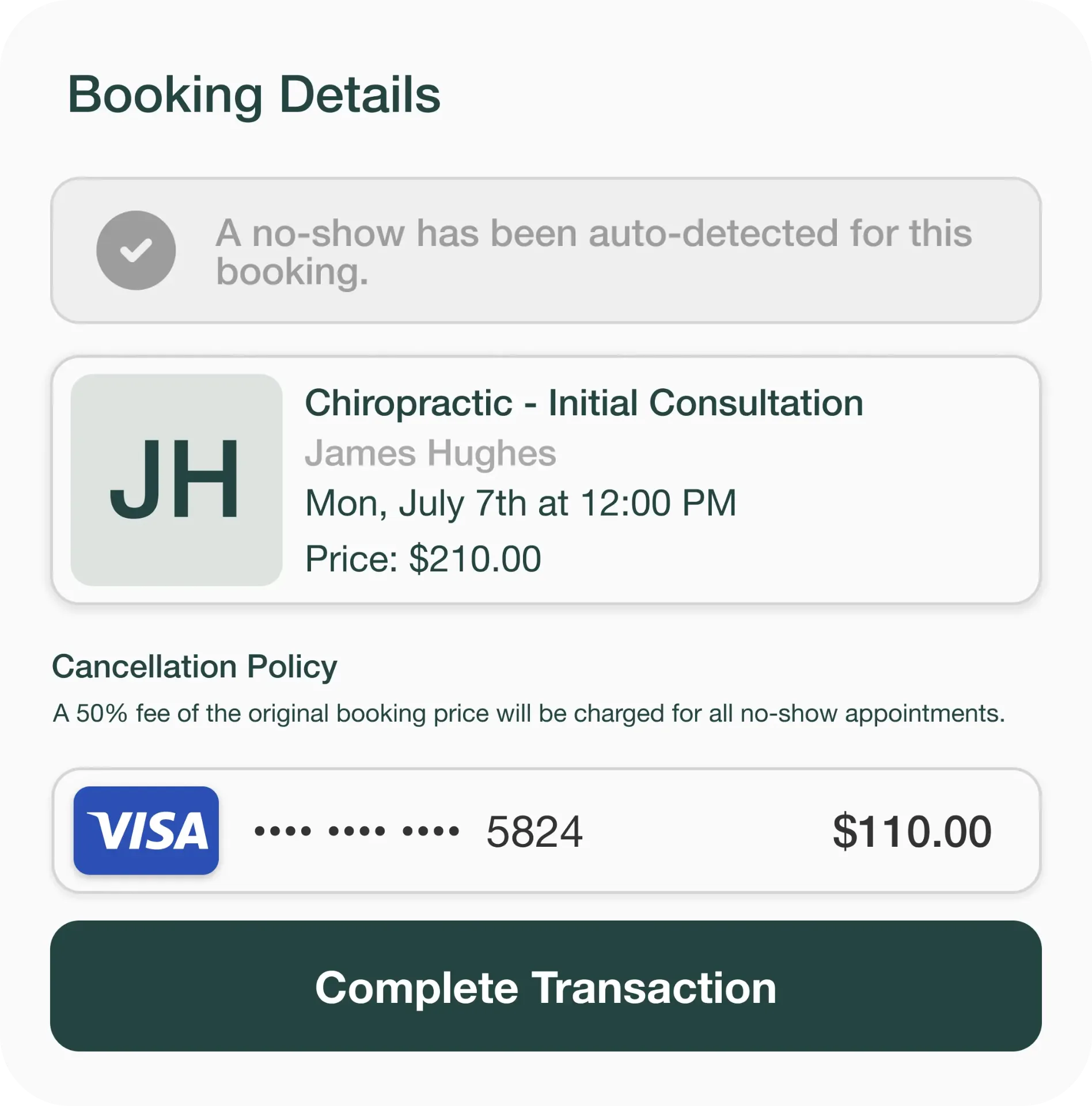 Booking details with no-show fee applied